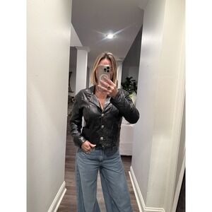 Vintage 70s Pioneer Wear Womens Western Cropped  Leather Jacket Black biker Sz 6